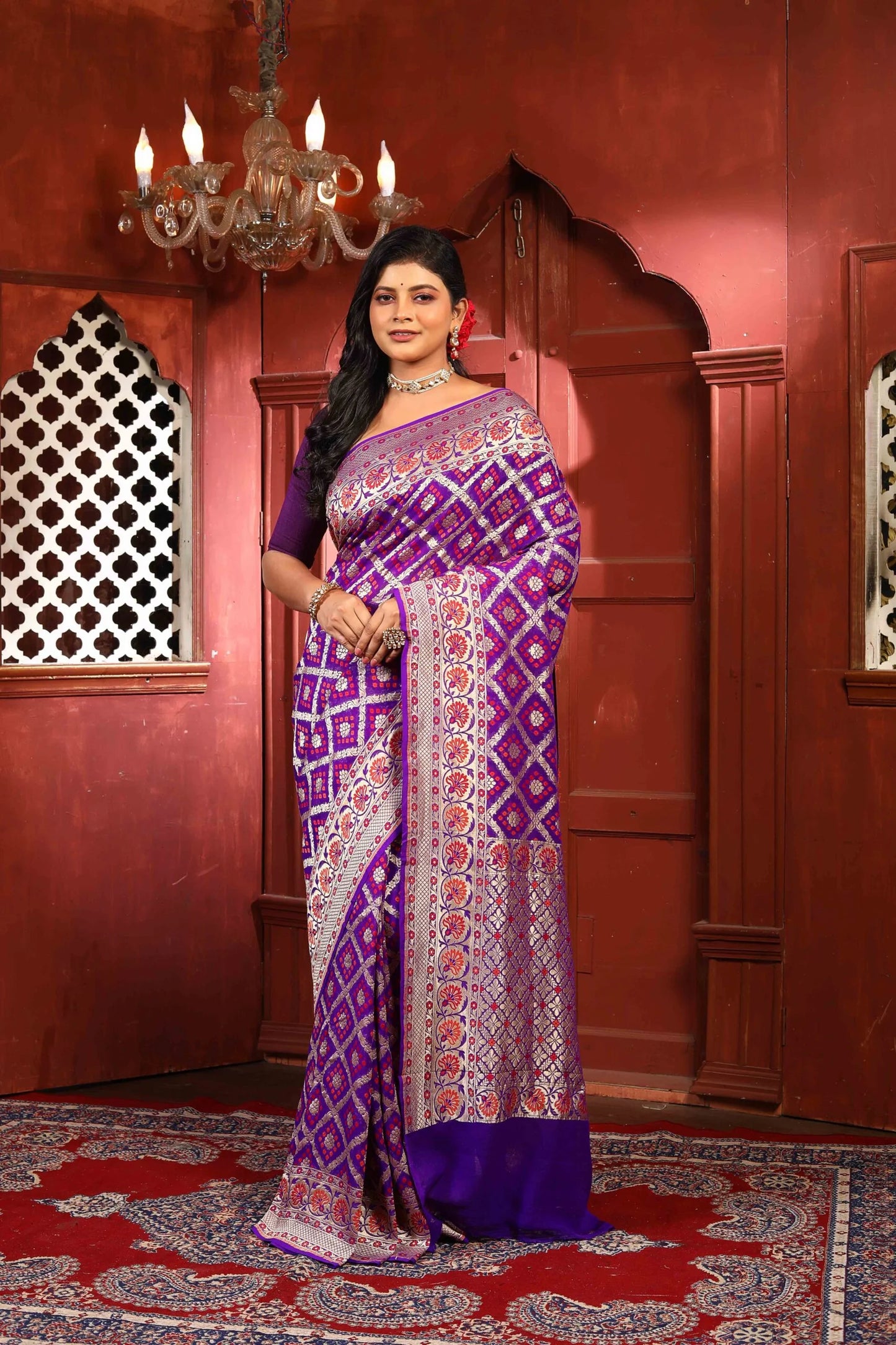Purple Bandhej Meena Pure Chiffon Silk Khaddi Georgette Banarasi Handloom Saree with Zari work