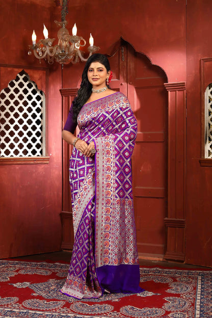 Purple Bandhej Meena Pure Chiffon Silk Khaddi Georgette Banarasi Handloom Saree with Zari work
