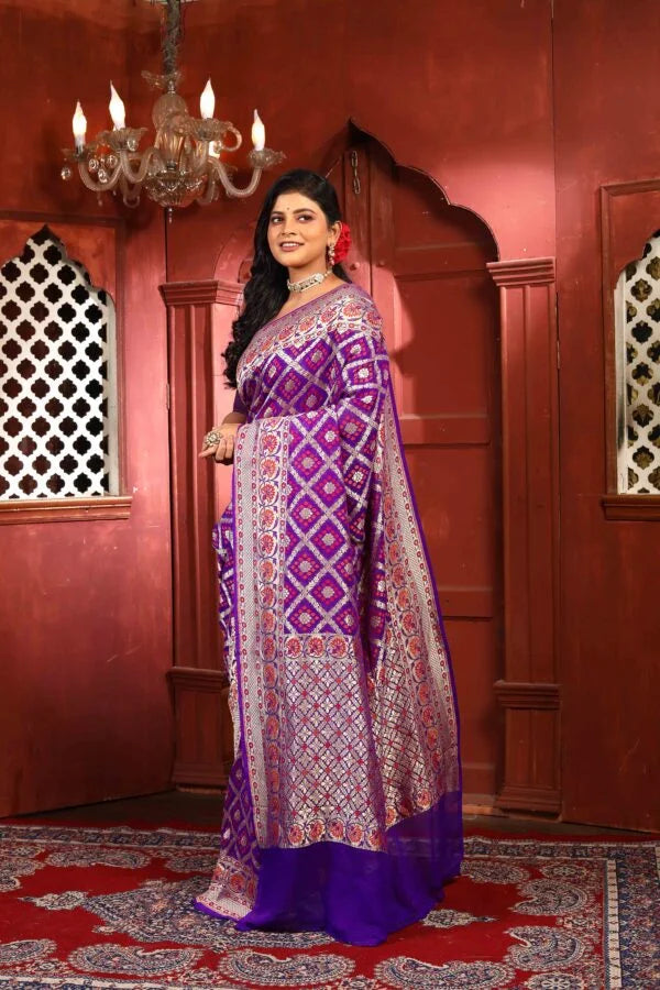 Purple Bandhej Meena Pure Chiffon Silk Khaddi Georgette Banarasi Handloom Saree with Zari work