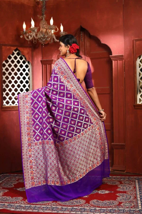 Purple Bandhej Meena Pure Chiffon Silk Khaddi Georgette Banarasi Handloom Saree with Zari work
