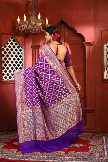 Purple Bandhej Meena Pure Chiffon Silk Khaddi Georgette Banarasi Handloom Saree with Zari work