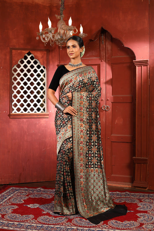 Black Multicolor Pure Chiffon Silk Khaddi Georgette Banarasi Handloom Saree with Zari work