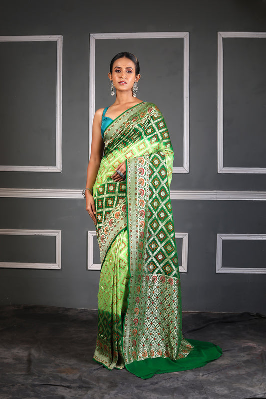 Green Bandhej Meena Pure Chiffon Silk Khaddi Georgette Banarasi Handloom Saree with Zari work