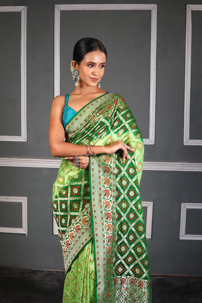 Green Bandhej Meena Pure Chiffon Silk Khaddi Georgette Banarasi Handloom Saree with Zari work