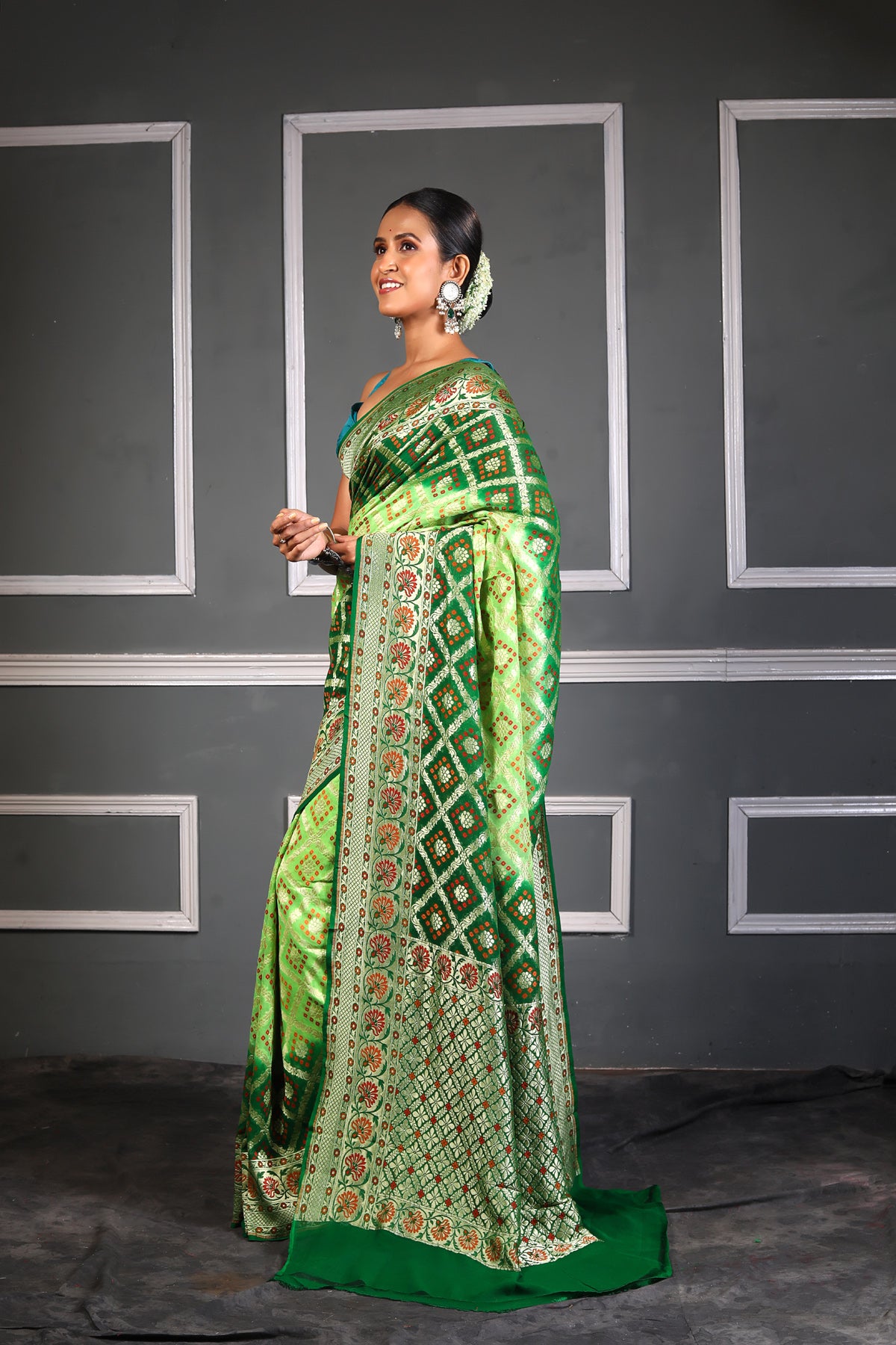 Green Bandhej Meena Pure Chiffon Silk Khaddi Georgette Banarasi Handloom Saree with Zari work