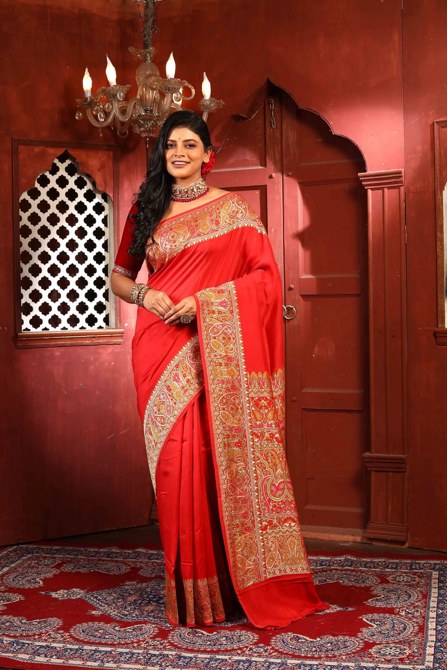 Red Meena Pure Chiniya Silk Banarasi Handloom Saree with Zari work