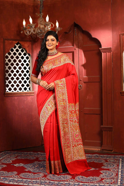 Red Meena Pure Chiniya Silk Banarasi Handloom Saree with Zari work