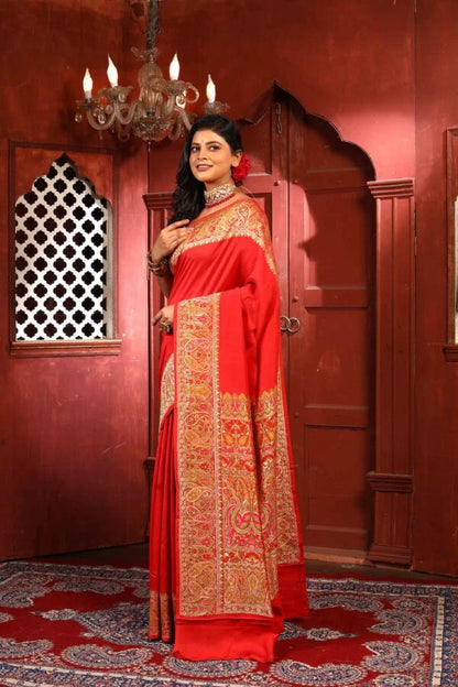Red Meena Pure Chiniya Silk Banarasi Handloom Saree with Zari work