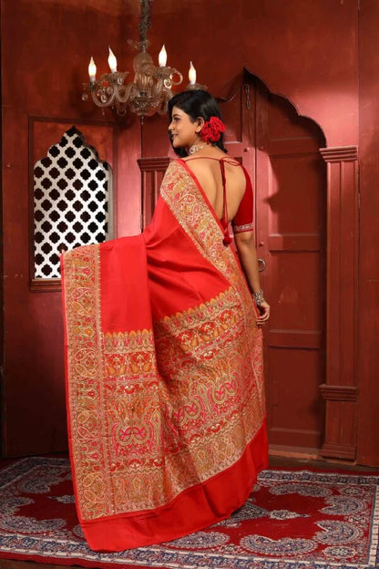 Red Meena Pure Chiniya Silk Banarasi Handloom Saree with Zari work