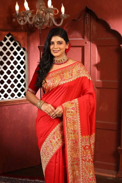Red Meena Pure Chiniya Silk Banarasi Handloom Saree with Zari work