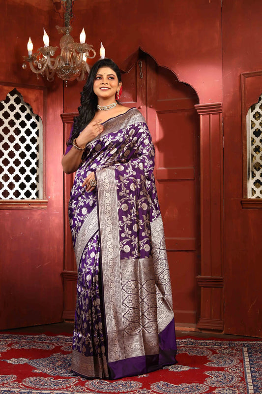 Black Purple Pure Katan Silk Banarasi Handloom Saree with Zari work