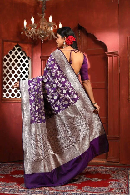 Black Purple Pure Katan Silk Banarasi Handloom Saree with Zari work