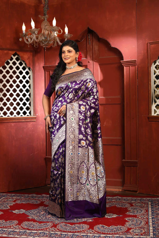 Purple Meena Pure Katan Silk Banarasi Handloom Saree with Zari work