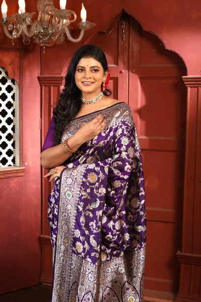 Purple Meena Pure Katan Silk Banarasi Handloom Saree with Zari work