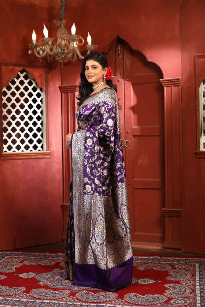 Purple Meena Pure Katan Silk Banarasi Handloom Saree with Zari work