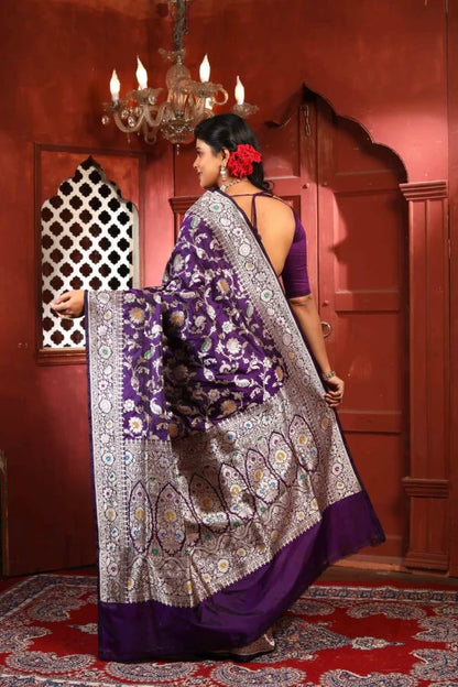 Purple Meena Pure Katan Silk Banarasi Handloom Saree with Zari work