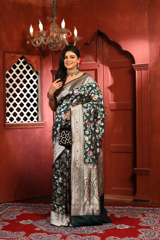 Bottle Green Meena Pure Katan Silk Banarasi Handloom Saree with Zari work