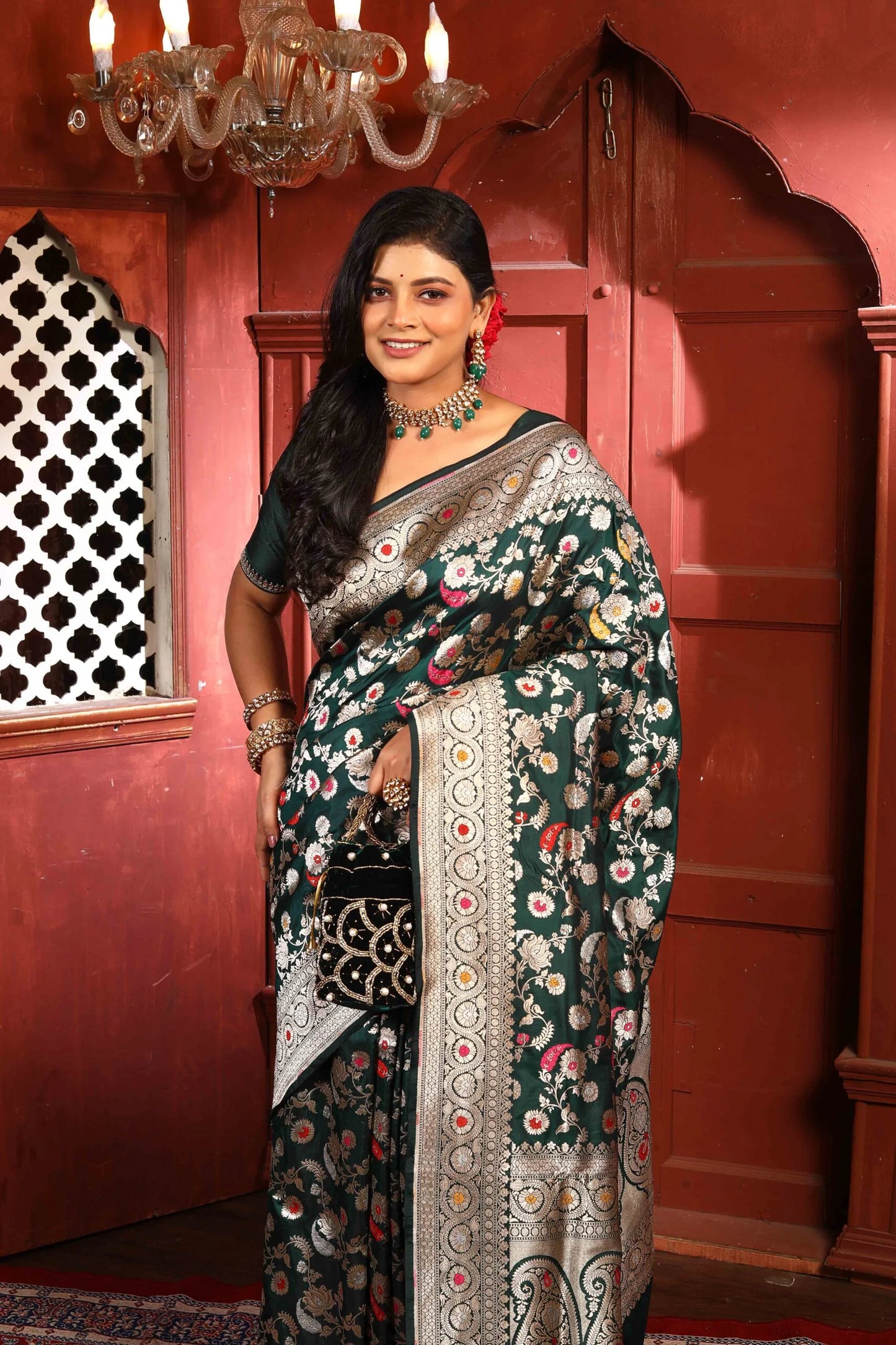Bottle Green Meena Pure Katan Silk Banarasi Handloom Saree with Zari work