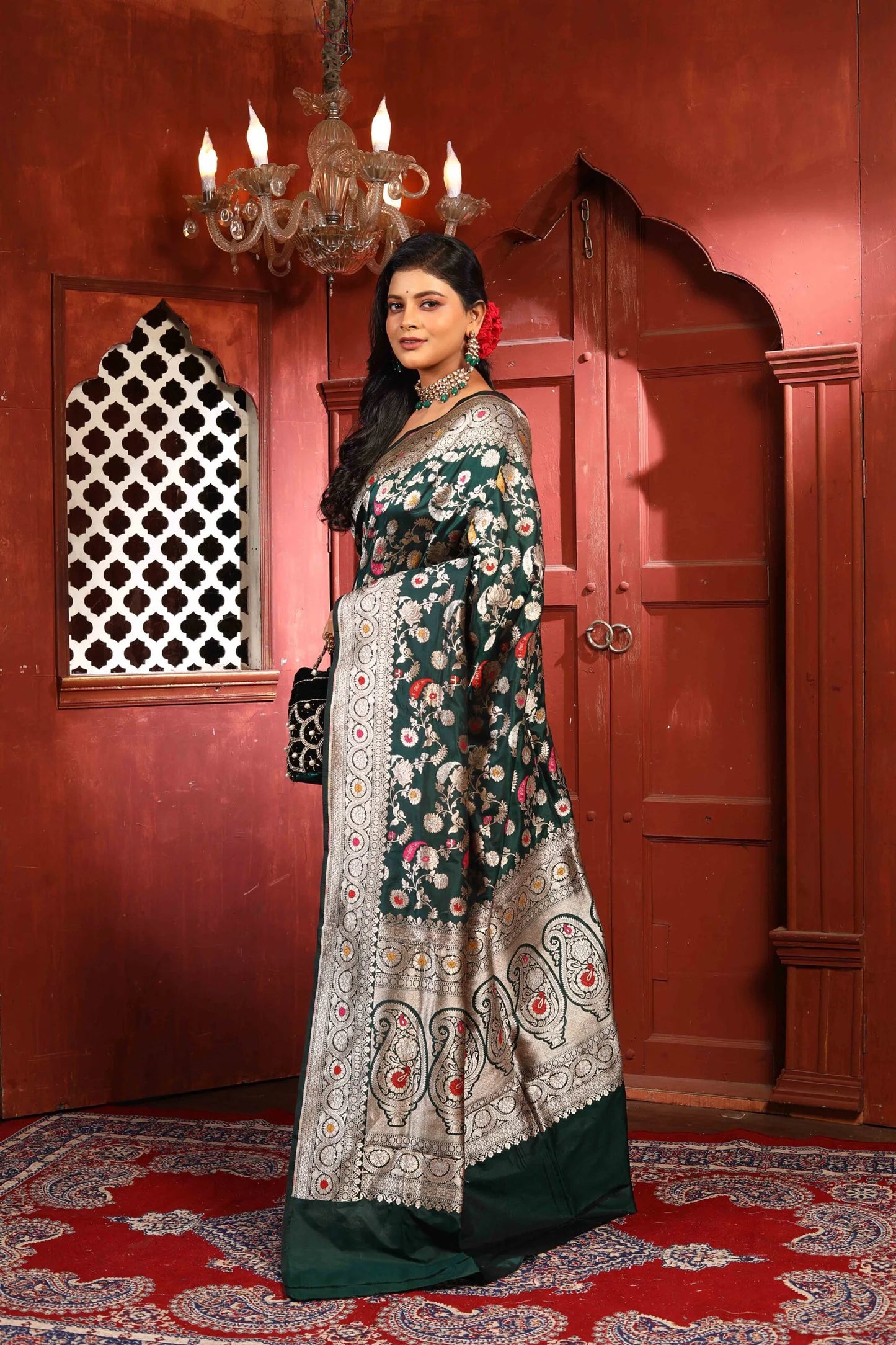 Bottle Green Meena Pure Katan Silk Banarasi Handloom Saree with Zari work
