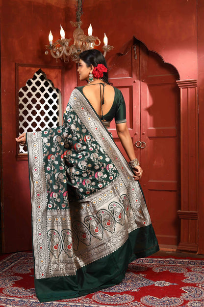 Bottle Green Meena Pure Katan Silk Banarasi Handloom Saree with Zari work