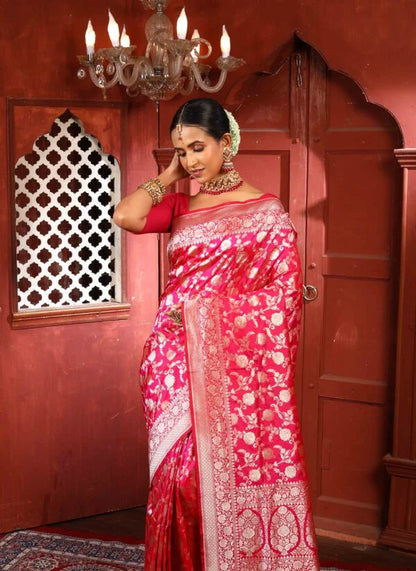 Pink Pure Katan Silk Banarasi Handloom Saree with Zari work