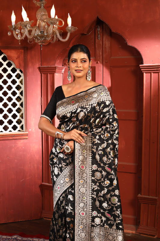Black Meena Pure Katan Silk Banarasi Handloom Saree with Zari work