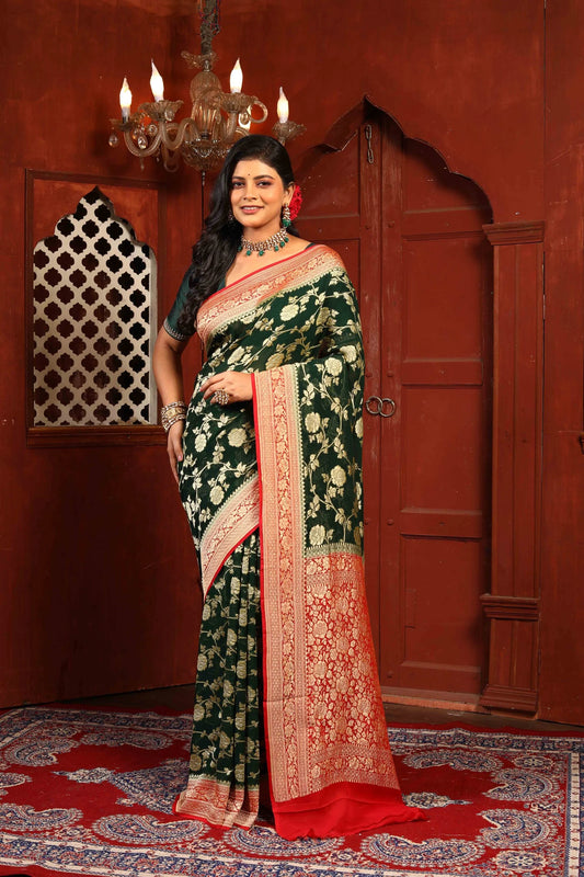 Red Bottle Green Pure Chiffon Silk Khaddi Georgette Banarasi Handloom Saree with Zari work