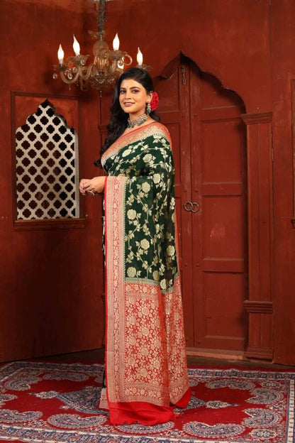 Red Bottle Green Pure Chiffon Silk Khaddi Georgette Banarasi Handloom Saree with Zari work