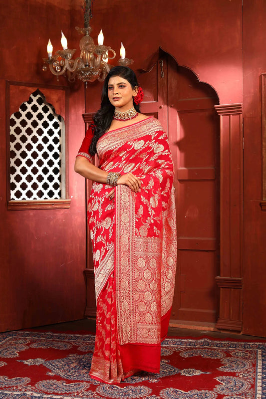 Strawberry Pure Chiffon Silk Khaddi Georgette Banarasi Handloom Saree with Zari work