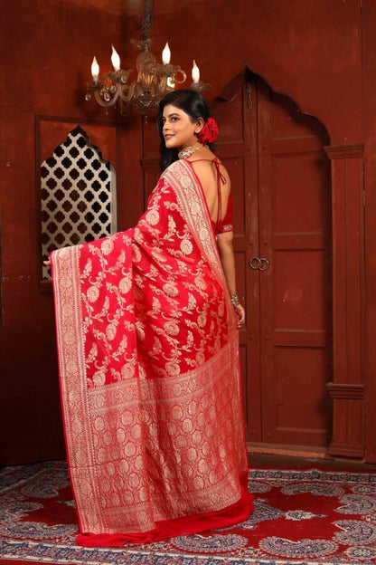 Strawberry Pure Chiffon Silk Khaddi Georgette Banarasi Handloom Saree with Zari work