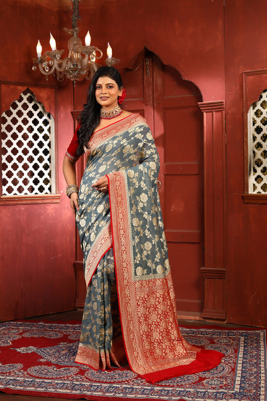 Grey Red Pure Chiffon Silk Khaddi Georgette Banarasi Handloom Saree with Zari work