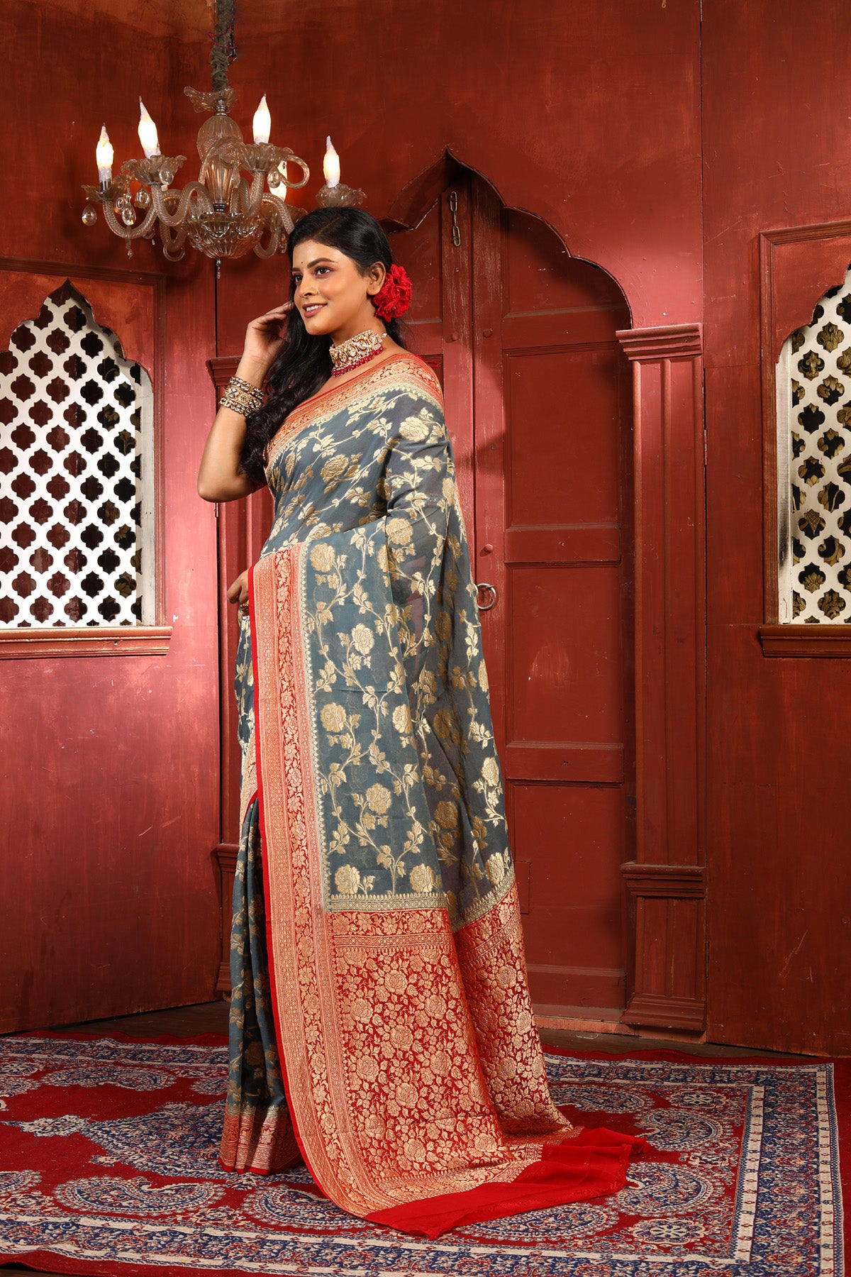 Grey Red Pure Chiffon Silk Khaddi Georgette Banarasi Handloom Saree with Zari work