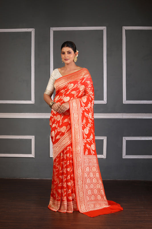 Strawberry Pure Chiffon Silk Khaddi Georgette Banarasi Handloom Saree with Zari work
