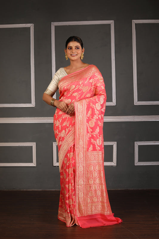 Pink Pure Chiffon Silk Khaddi Georgette Banarasi Handloom Saree with Zari work
