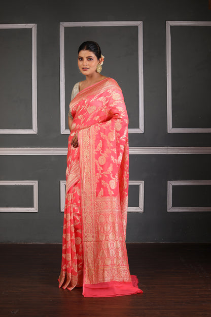 Pink Pure Chiffon Silk Khaddi Georgette Banarasi Handloom Saree with Zari work