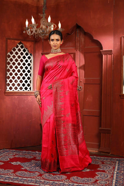 Red Pure Dupion Silk Banarasi Handloom Saree with Zari work