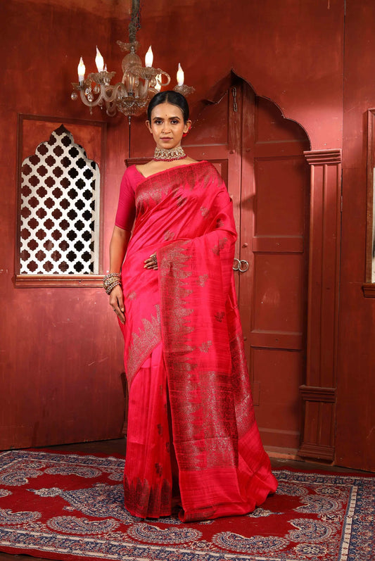 Red Pure Dupion Silk Banarasi Handloom Saree with Zari work