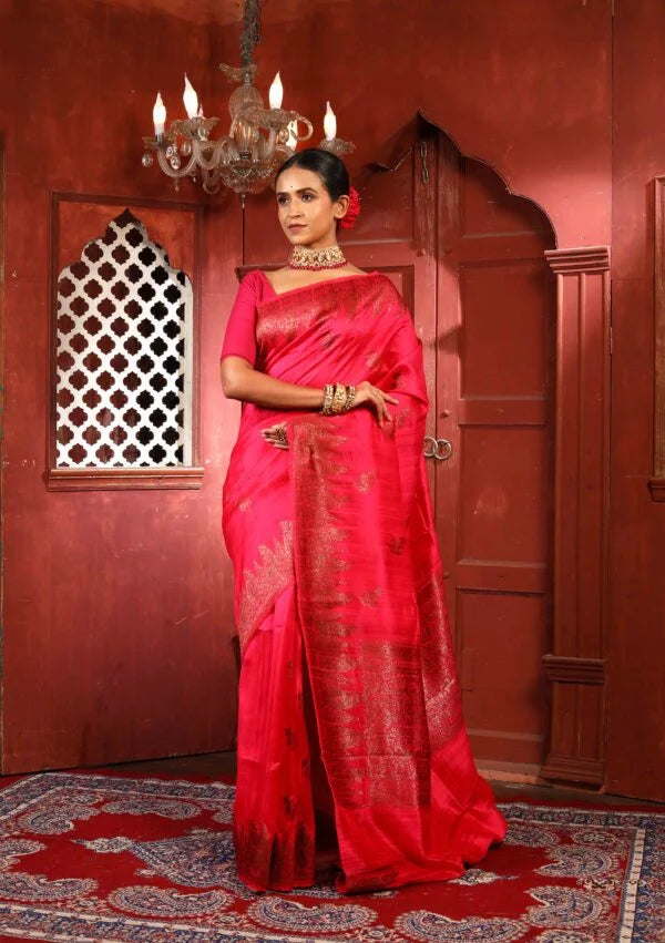 Red Pure Dupion Silk Banarasi Handloom Saree with Zari work