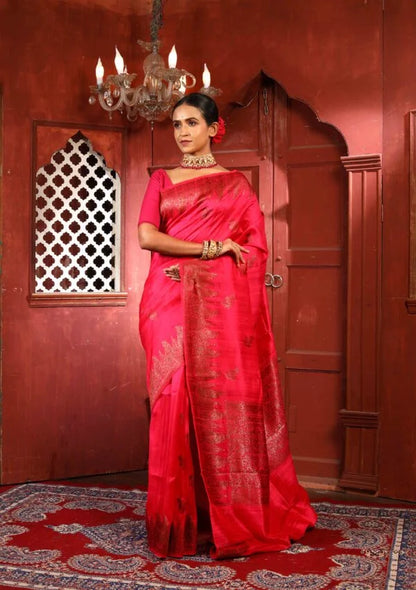 Red Pure Dupion Silk Banarasi Handloom Saree with Zari work