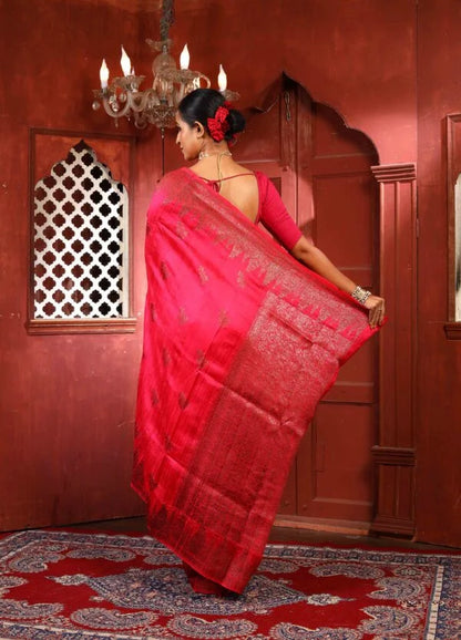 Red Pure Dupion Silk Banarasi Handloom Saree with Zari work