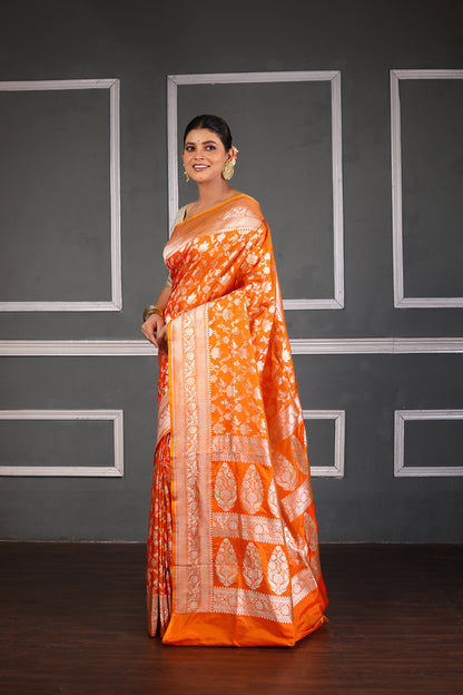 Orange Pure Katan Silk Banarasi Handloom Saree with Zari work