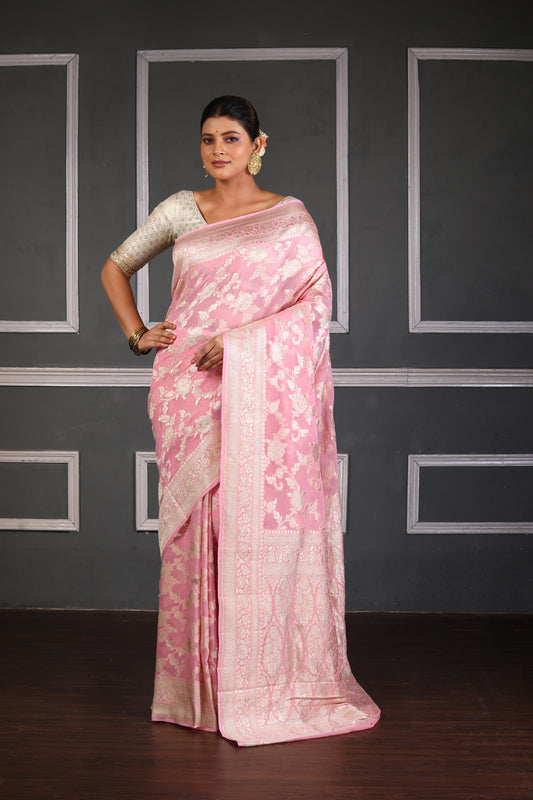 Baby Pink Pure Chiffon Khaddi Goergette Silk Banarasi Handloom Saree with Zari work