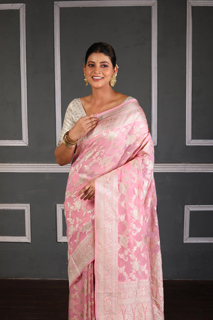Baby Pink Pure Chiffon Khaddi Goergette Silk Banarasi Handloom Saree with Zari work