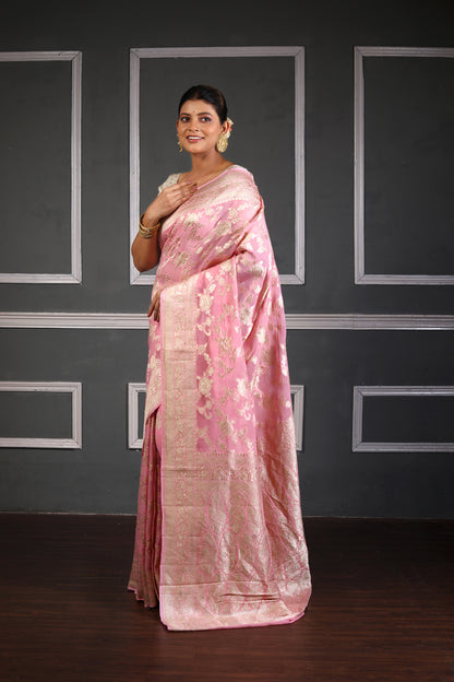 Baby Pink Pure Chiffon Khaddi Goergette Silk Banarasi Handloom Saree with Zari work