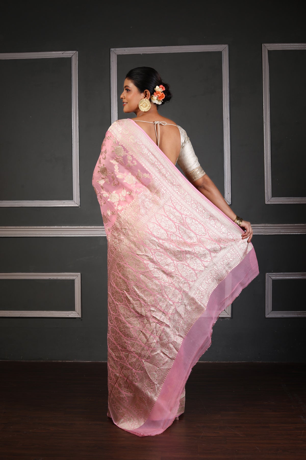 Baby Pink Pure Chiffon Khaddi Goergette Silk Banarasi Handloom Saree with Zari work