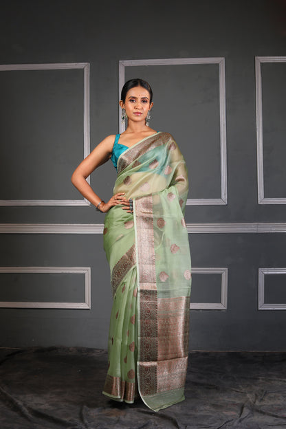 Pista Pure Organza Silk Banarasi Handloom Saree with Zari work