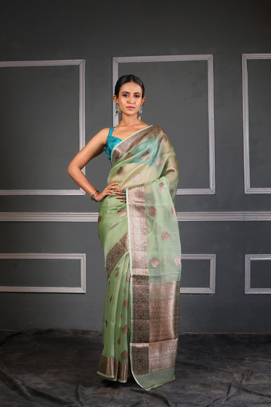 Pista Pure Organza Silk Banarasi Handloom Saree with Zari work