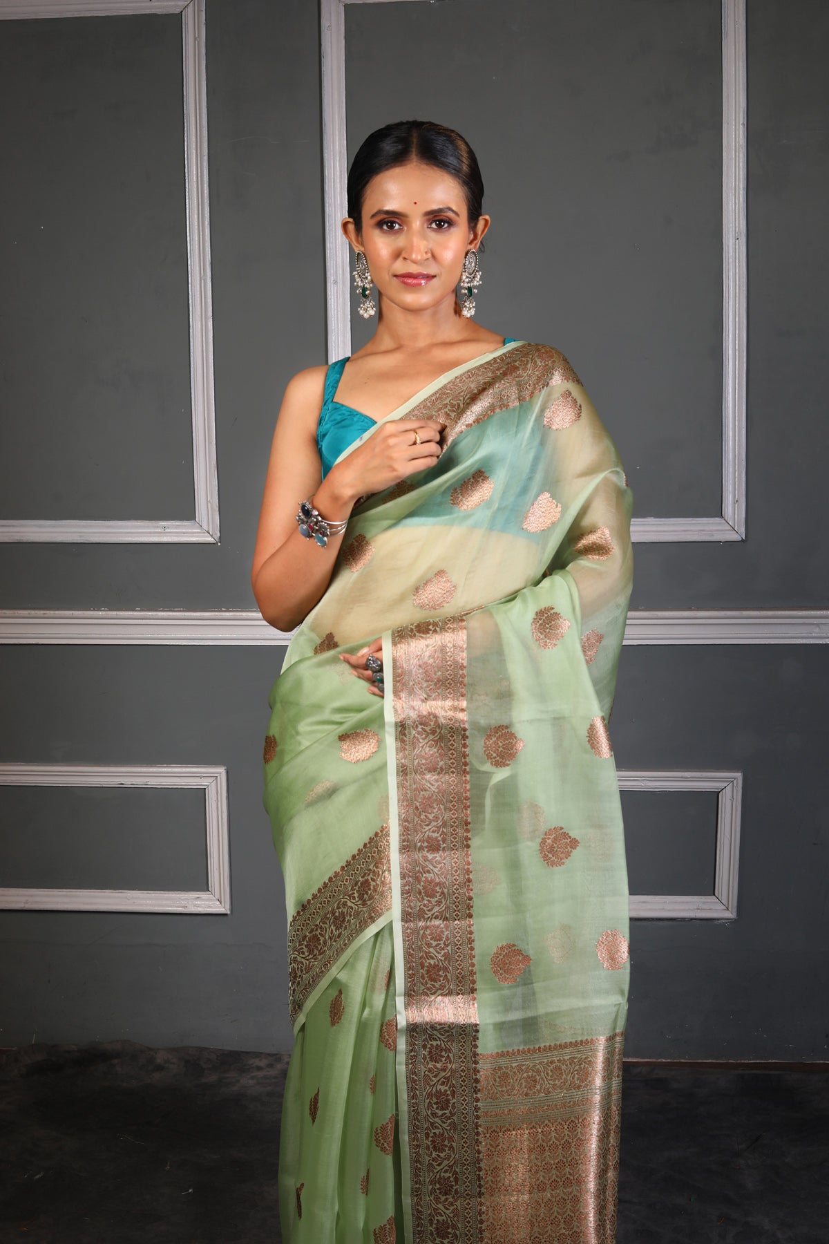Pista Pure Organza Silk Banarasi Handloom Saree with Zari work