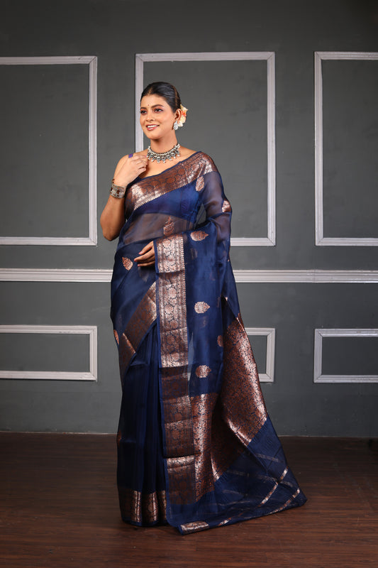 Navy Blue Pure Organza Silk Banarasi Handloom Saree with Zari work