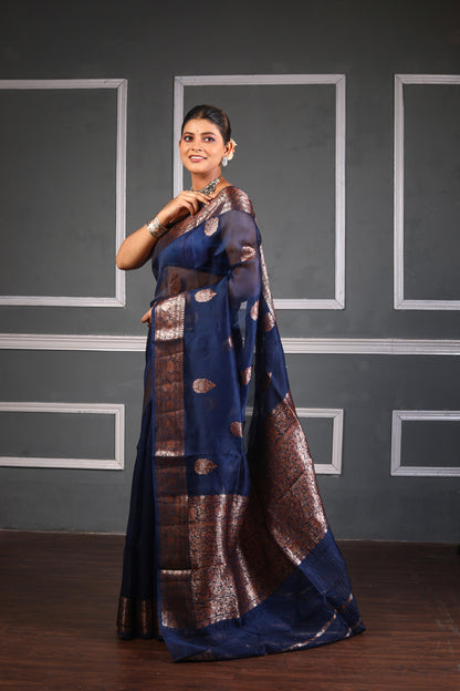 Navy Blue Pure Organza Silk Banarasi Handloom Saree with Zari work